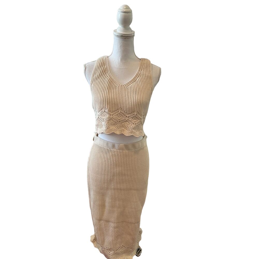 House of Harlow 1960 Revolve Crochet Ribbed Knit Cropped Top Skirt Set M